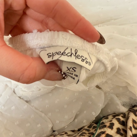 White mini dress - sheer polka dot layer - quarter sleeve - tie back - Picture 3 of 3